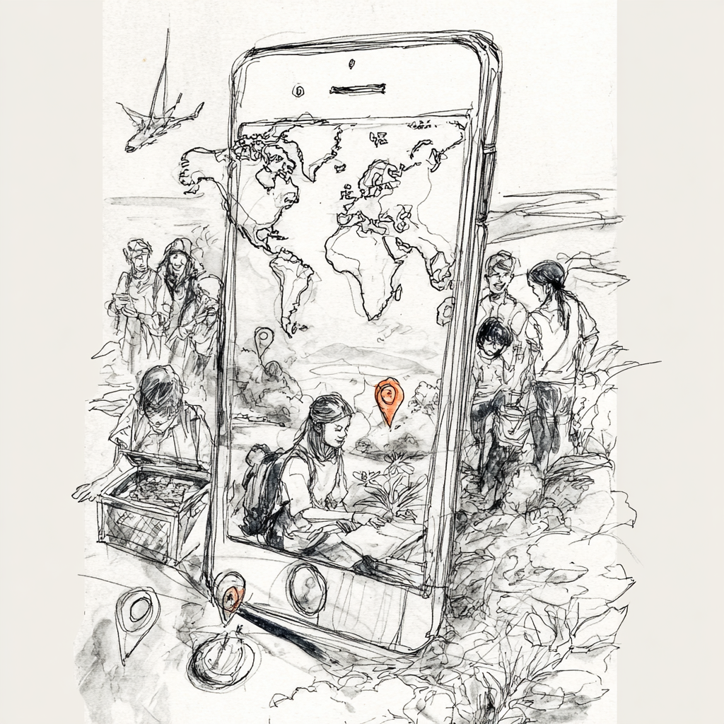 A vibrant, cheerful illustration of a world map seen on a smartphone screen. Game-like icons (quests, treasure chests, location pins, reward badges) are popping out of the screen. In the background, a diverse group of happy travelers are exploring a beautiful, stylized landscape. Bright, adventurous, digital art style.
